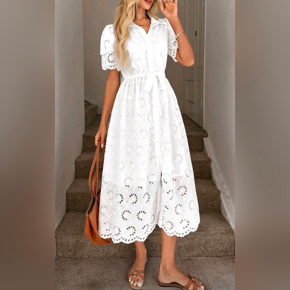 New Embroidered Eyelet Lace Tie Waist Midi Dress Short Sleeve White - Picture 3 of 11